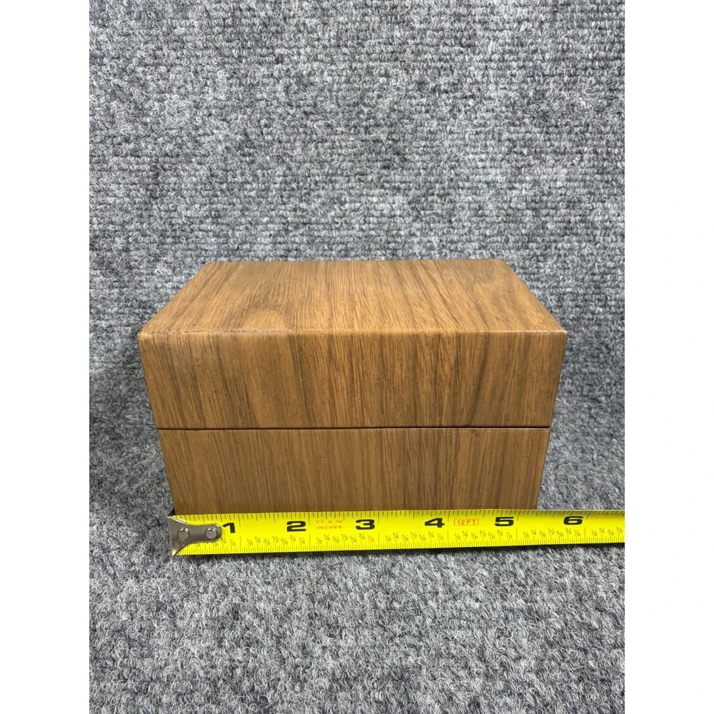 Vintage Faux Wood Grain Metal Hinged Storage Box Mid Century Recipe Tin Brown